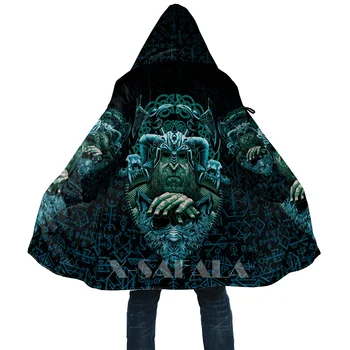 Viking Tarzı Raven Valknut Mavi 3D Baskılı Hoodie Uzun Duffle Coat Kapşonlu Battaniye Pelerin Kalın Ceket Pamuk Kazaklar Dunnes