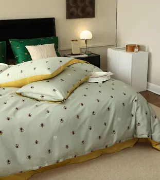 Vintage yeşil kahve arı yatak seti, tek, çift pamuk ıkiz tam kraliçe kral ev tekstili çarşaf yastık kılıfı yorgan kapak