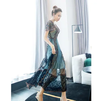 Yaz yeni moda kadın elbise Tanrıça tarzı V Yaka zarif kısa kollu A-line yüksek bel mizaç Orta Buzağı ıki parçalı elbise