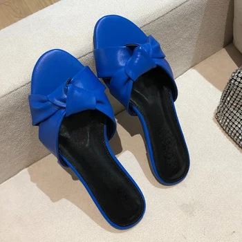 Yazlık terlik düz ayakkabı Katır gerçek deri Düğümlü Sandalet Bayanlar plaj ayakkabısı kızlar için Tatil fliflops 2021 slaytlar