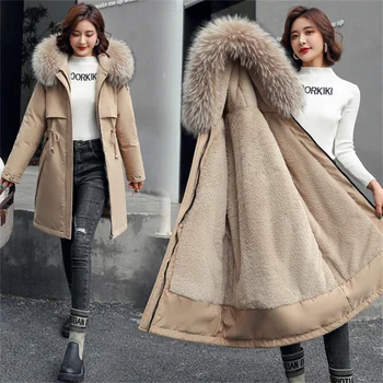 Yeni Kadın Kış Aşağı pamuklu ceket Sıcak Kalınlaşmak Kapşonlu Büyük Kürk Yaka Bayanlar Orta uzunlukta Katı Artı Kadife Palto