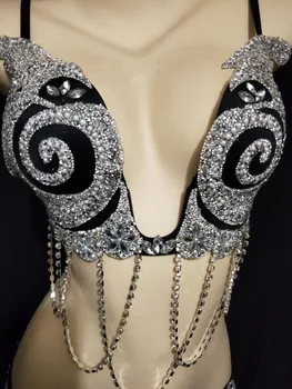 Yeni Kadın Seksi Sahne Gümüş Rhinestone İnci Zincir Sutyen Kısa Yaz bikini seti Balo Dansçı Kutlamak Kıyafet Doğum Günü kıyafet seti