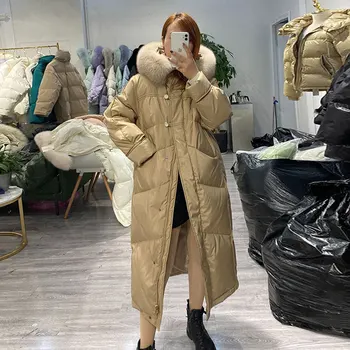 Yeni Kalın kadın Kış Aşağı Ceket Gerçek Tilki Büyük Kürk Yaka Uzun Kapüşonlu Ceket Diz Üzerinde Losse Sıcak Beyaz Ördek Kirpi Dış Giyim