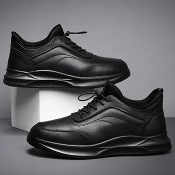 Yeni erkek Deri Sneakers Nefes Rahat deri ayakkabı erkek ayakkabıları Eğilim Siyah Deri Kaymaz Tek Ayakkabı