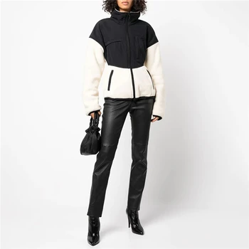 Yeni sonbahar ve kış mektup nakış polar dikiş tasarım elastik ipli fermuarlı ceket kadın moda rahat ceket