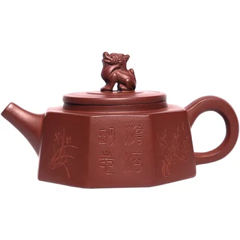 Yixing mor kil pot yuan kökenli Qilin Bafang büyük çay potu el kazınmış günlük ihtiyaçlar çay seti