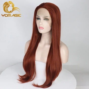 Yomagıc Doğal Düz Sentetik Dantel ön peruk Kadınlar ıçin Parti ısıya dayanıklı Kırmızı Kahverengi Renk Saç Tutkalsız Dantel peruk