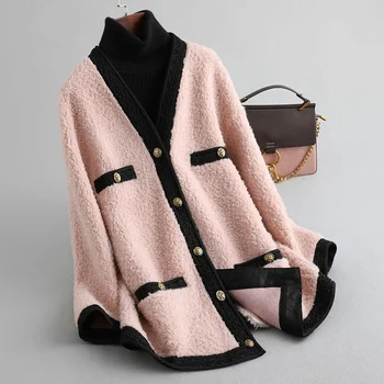 Yün Karışımı Kürk Ceket V Yaka Sonbahar Kış Kadın Dış Giyim Palto LF2111