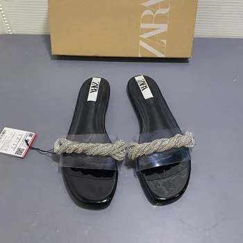 ZA Terlik 2020 Yeni Rhinestone Sarma kadın ayakkabısı Şeffaf Plastik Kelime Yuvarlak Ayak Düz Düşük Sandalet Ve terlik
