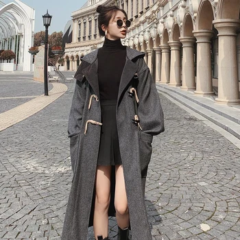 ZCSMLL 2021 Sonbahar Kış Yeni Korna Düğmesi Yün Ceket Kadın Gevşek Uzun Kollu Orta uzunlukta Giyim Kadın Moda TH599