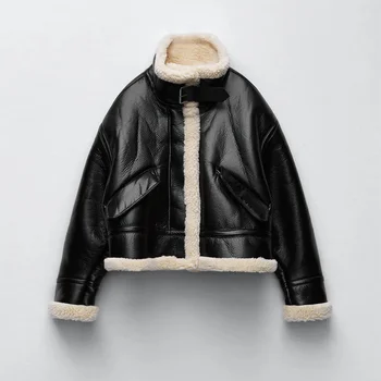 Za Kadın ceket 2021 Sonbahar Moda Polar ımitasyon deri Ceket Ceket Vintage Uzun Kollu Kadın Giyim Chic Tops