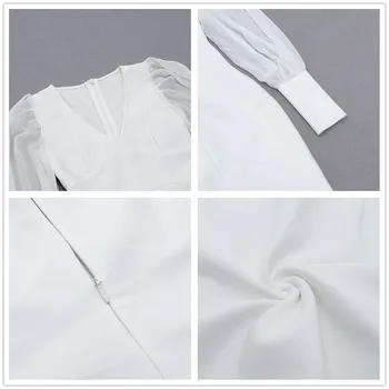 Zarif Bandajlar Elbise 2021 Yeni Seksi Mesh Uzun Kollu Elbise Ünlü Parti Kulübü Bodycon Beyaz Elbise