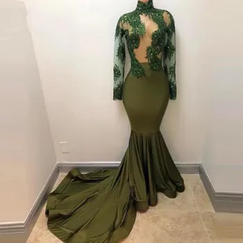 Zarif Yeşil Mermaid Akşam Parti Elbiseler Zarif Boncuk Aplike Uzun Kollu Örgün Durum Elbise Custom Made Balo elbise