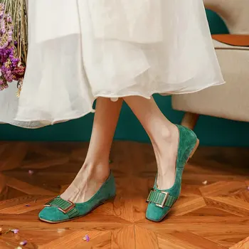 ZawsThia Chic Hakiki Doğal Deri Süet Yeşil Rahat Eğlence Bayanlar Ayakkabı Kare Toka Sığ Ofis Kadın Flats Loafers