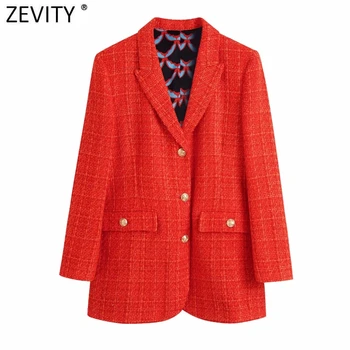 Zevity Yeni 2021 Kadınlar Vintage Baskı Astar Tüvit Yün Ceket Kadın Chic Uzun Kollu Göğüslü Dış Giyim Ince Ceketler CT776 Tops