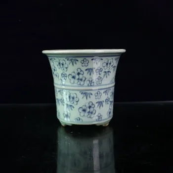 Çin Eski Porselen Mavi ve Beyaz Çiçek Desenli Saksı Eski Eşya Koleksiyonu