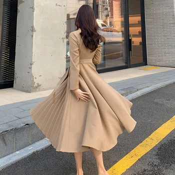 İlkbahar Ve Sonbahar 2021 Kore Tasarım Kadın Eğlence Ofis Mizaç Yüksek Kaliteli Elbise Kruvaze Kayış Uzun Etek