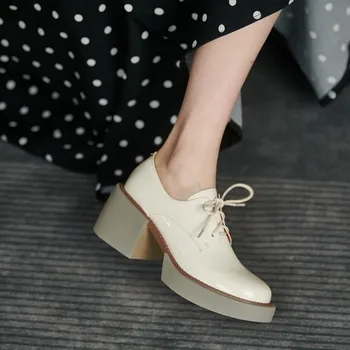 İngiliz Tarzı El Yapımı Tam Deri kadın Yüksek Topuklu Pompalar Kadın Patent Deri Yuvarlak Ayak Dantel Kadar Platformu Tıknaz Oxford Ayakkabı