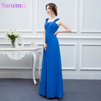 Şifon Kraliyet Mavi Uzun Gelinlik Modelleri Kat Uzunluk Scoop Boyun Spagetti Sapanlar İle Gelinler Hizmetçi Elbiseler Ücretsiz Kargo