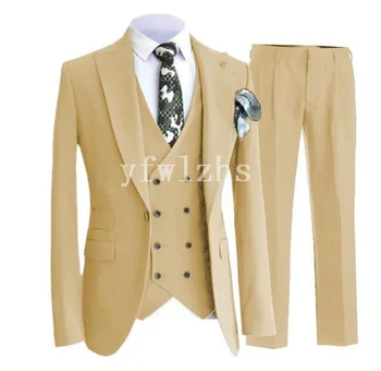 Yeni Varış Bir Düğme Groomsmen Tepe Yaka Damat Smokin Erkek Takım Elbise Düğün/Balo En Iyi Adam Blazer ( Ceket+Pantolon+Yelek+Kravat) B204
