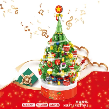 Şehir kış tatil Noel dönen müzik kutusu Masaüstü dekorasyon yapı taşları tuğla oyuncaklar hediyeler